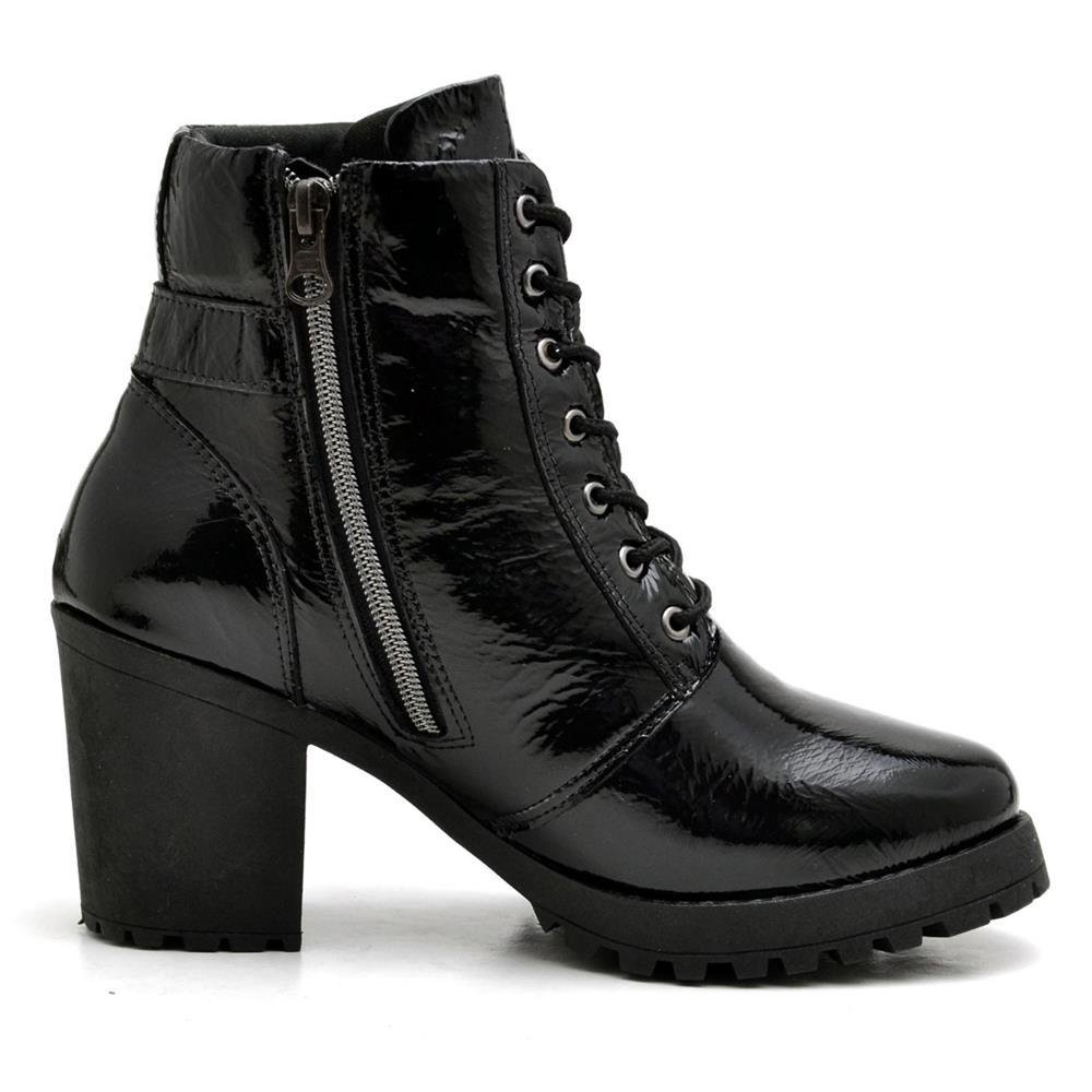 Bota Coturno Feminino Salto Tratorado Conforto Cadarço Preto 2