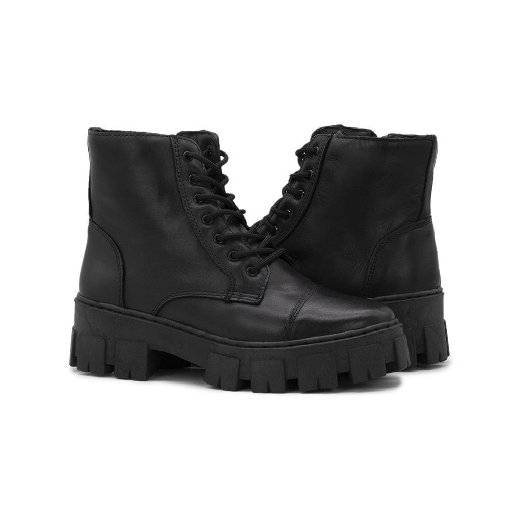 Bota Coturno Feminino Couro Tratorada Conforto Preto 2