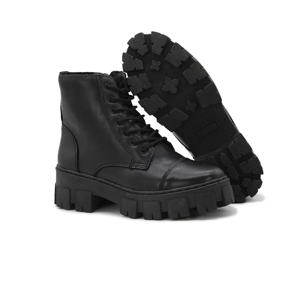 Bota Coturno Feminino Couro Tratorada Conforto Preto 4