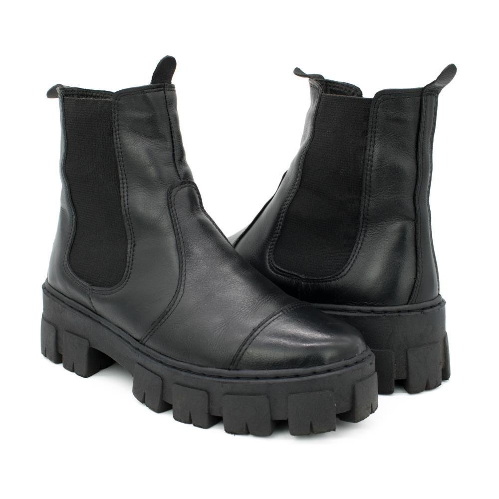 Bota Coturno Feminino Couro Cano Médio Elástico Moda Moderno Preto 3