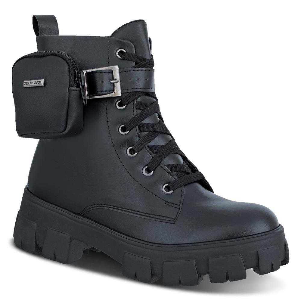 Bota Feminina Coturno Tratorada Cano Médio Cadarço Casual Preto 1