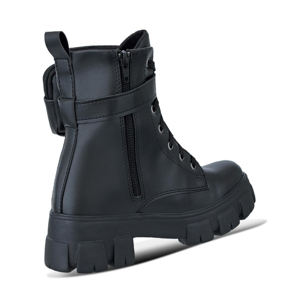 Bota Feminina Coturno Tratorada Cano Médio Cadarço Casual Preto 3