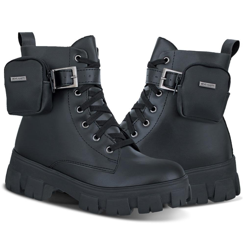 Bota Feminina Coturno Tratorada Cano Médio Cadarço Casual Preto 4