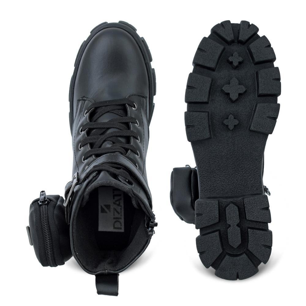 Bota Feminina Coturno Tratorada Cano Médio Cadarço Casual Preto 5