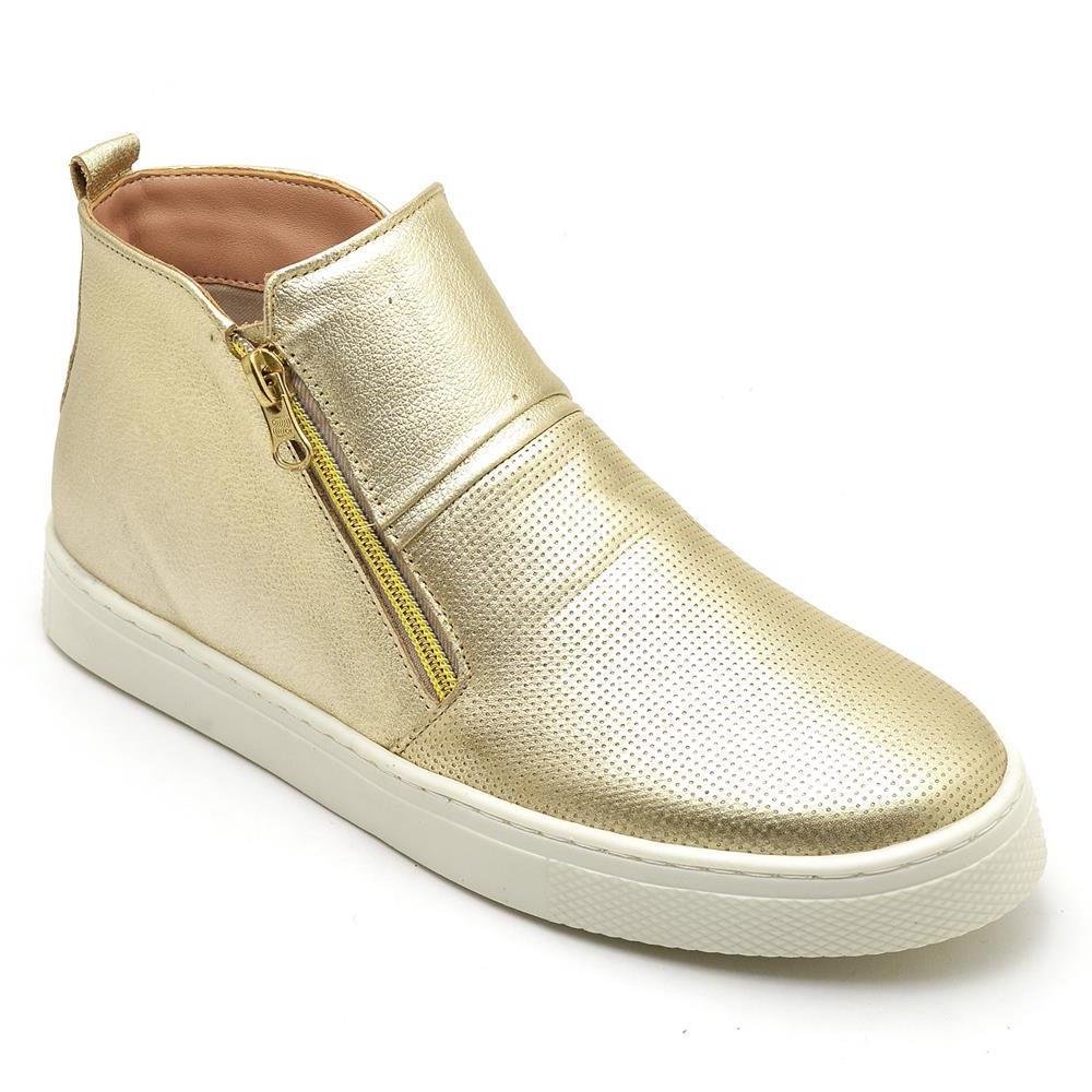 Bota Feminina Couro Zíper Cano Baixo Conforto Moda Casual Dourado 1