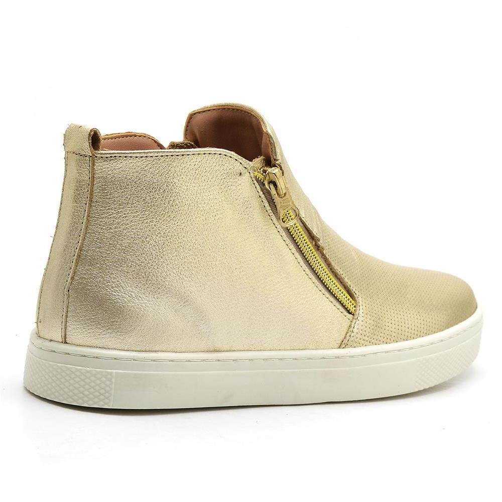 Bota Feminina Couro Zíper Cano Baixo Conforto Moda Casual Dourado 2