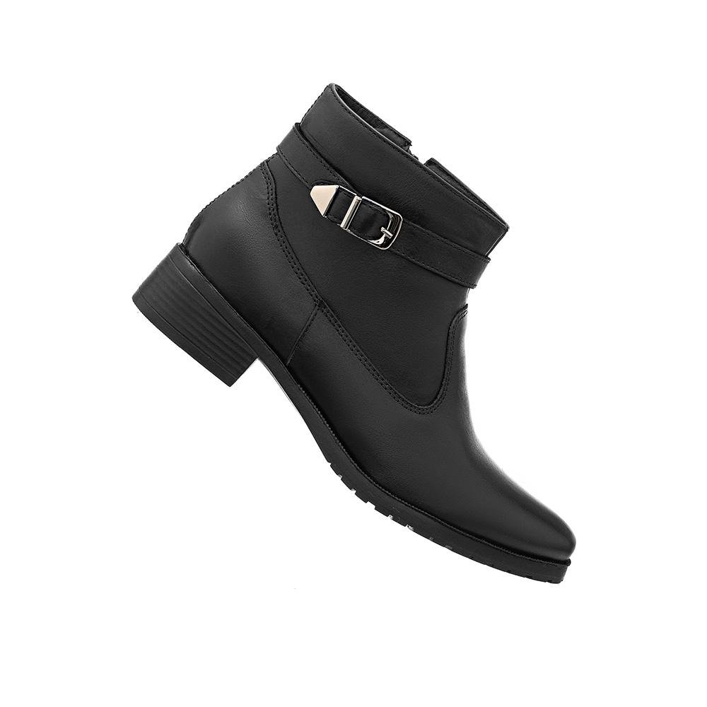 Bota Feminina Couro Cano Curto Zíper Fivela Confortável Preto 3