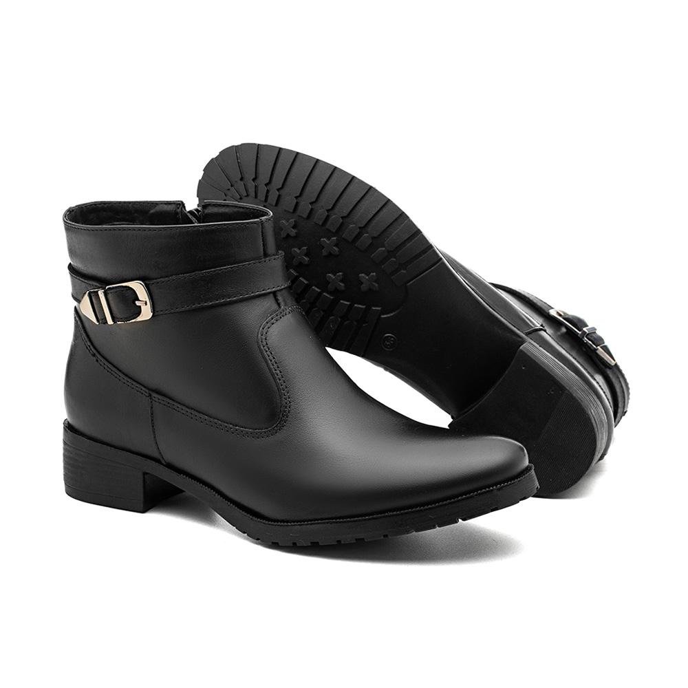 Bota Feminina Couro Cano Curto Zíper Fivela Confortável Preto 4