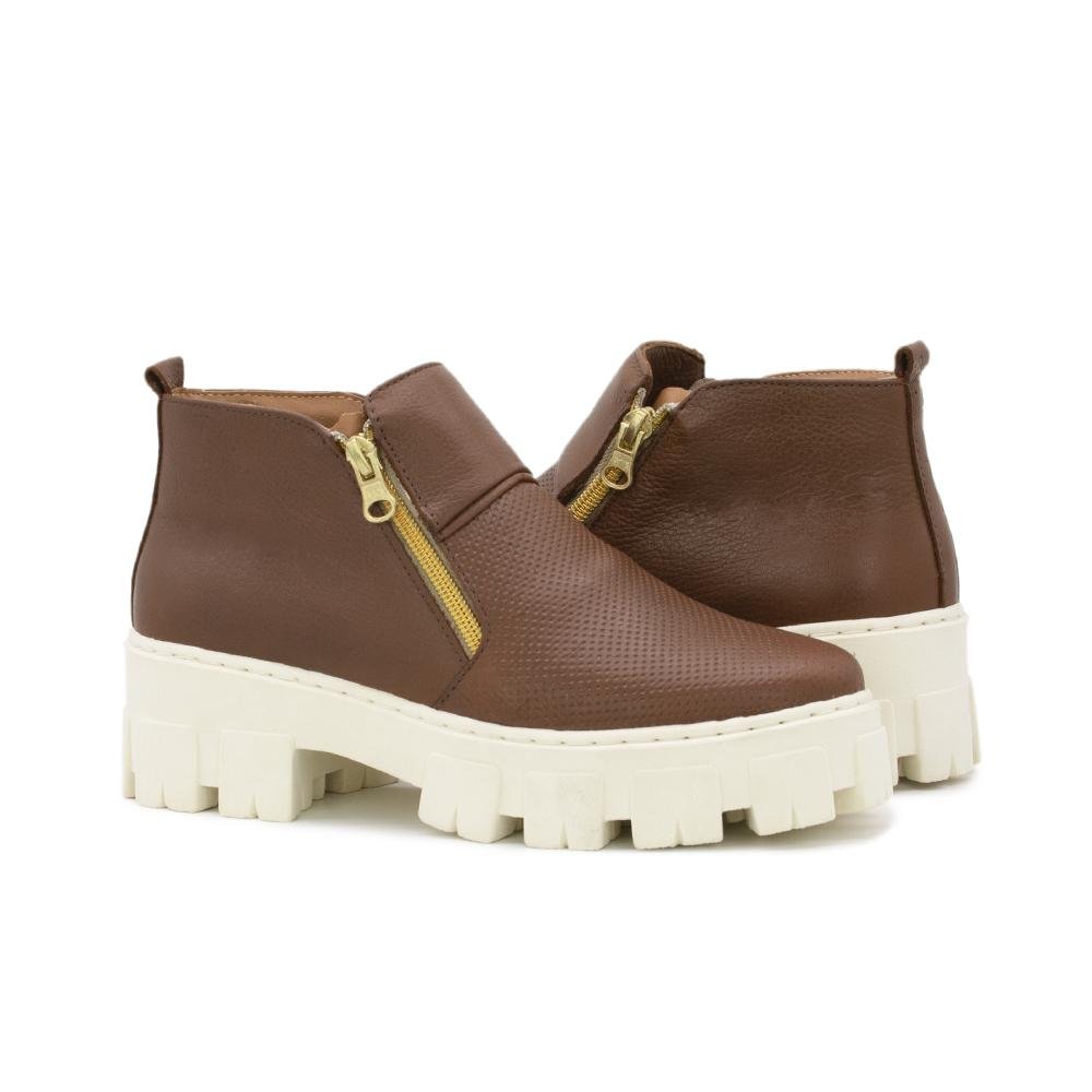 Bota Feminina Tratorada Couro Zíper Cano Baixo Moda Casual Marrom 2