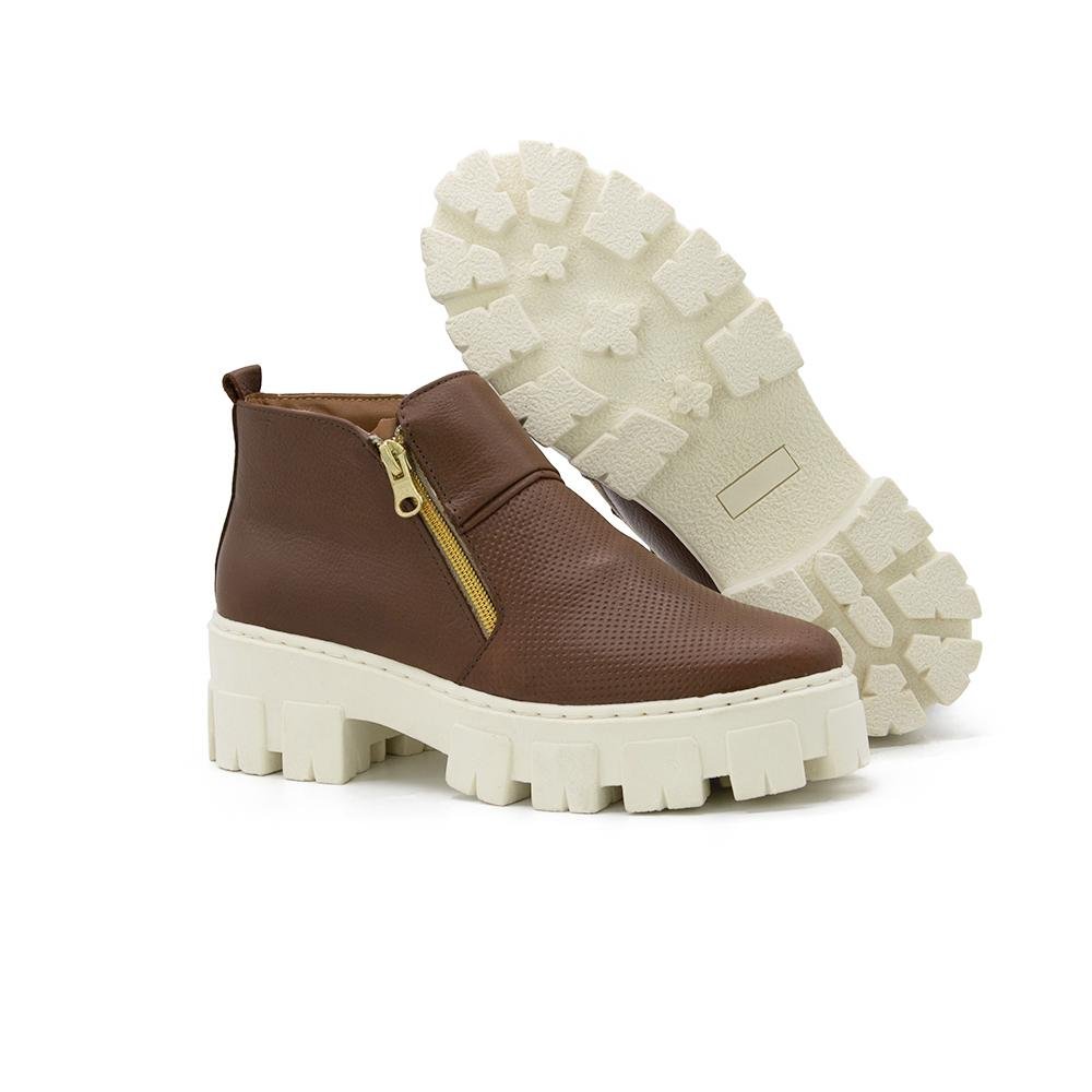 Bota Feminina Tratorada Couro Zíper Cano Baixo Moda Casual Marrom 3