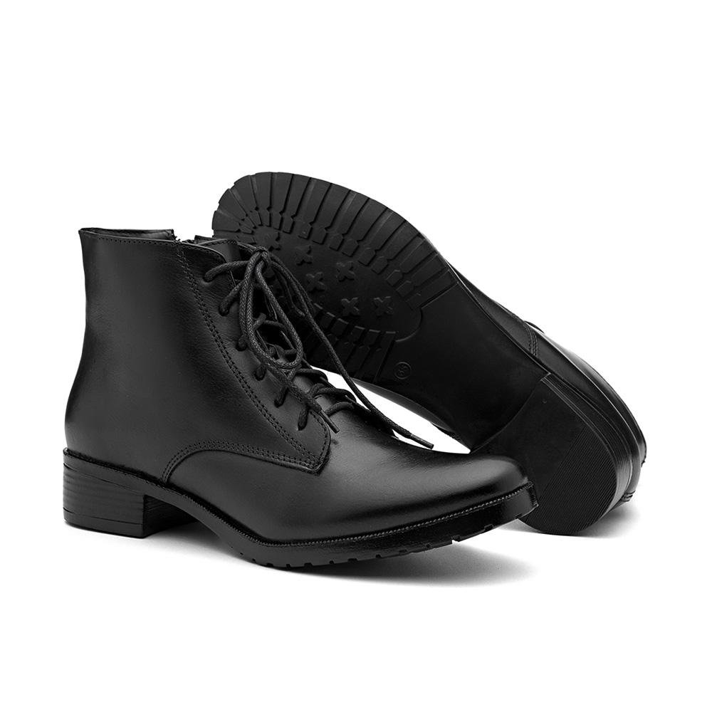 Bota Feminina Couro Cano Baixo Cadarço Moderna Casual Preto 3