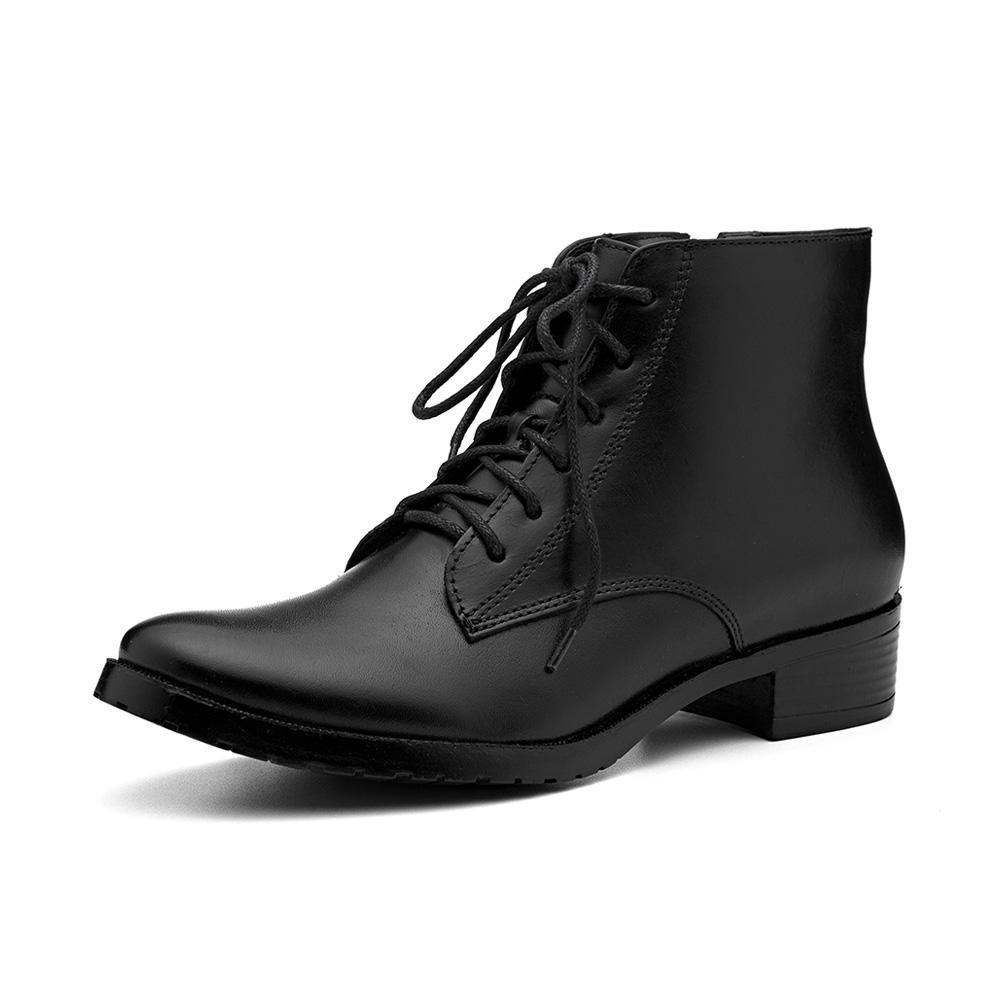 Bota Feminina Couro Cano Baixo Cadarço Moderna Casual Preto 2