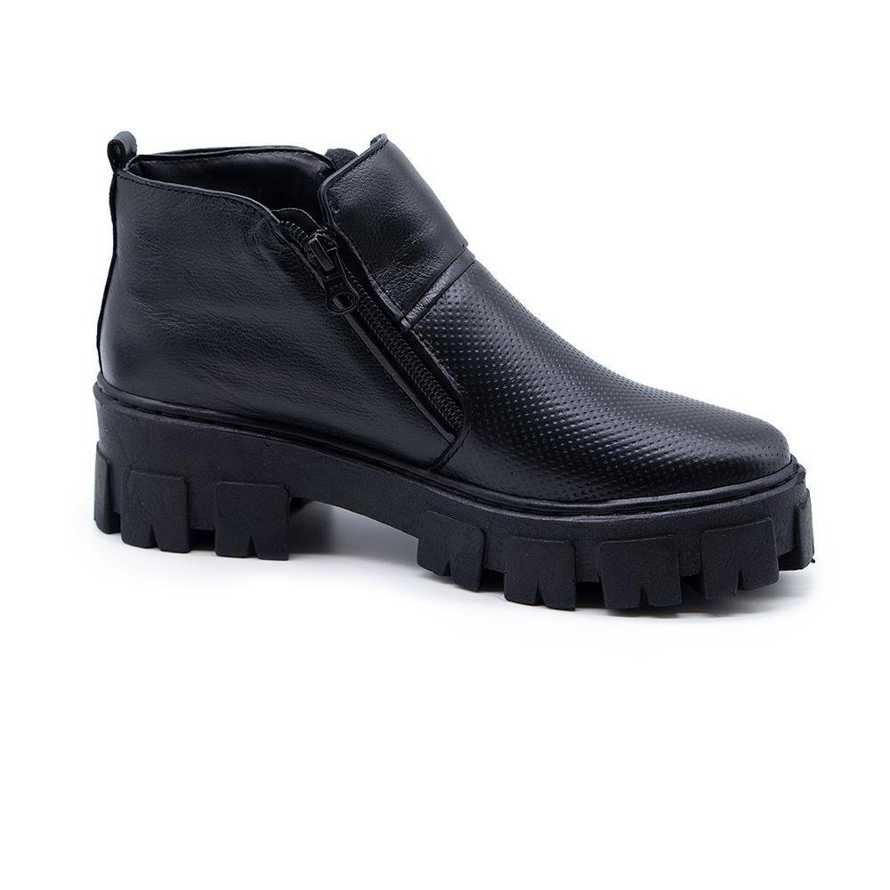 Bota Feminina Tratorada Couro Cano Baixo Zíper Leve Moderno Preto 2