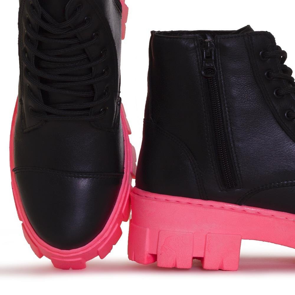 Coturno Couro Feminino Tratorado Estilo Tendência Conforto Preto/Rosa 3