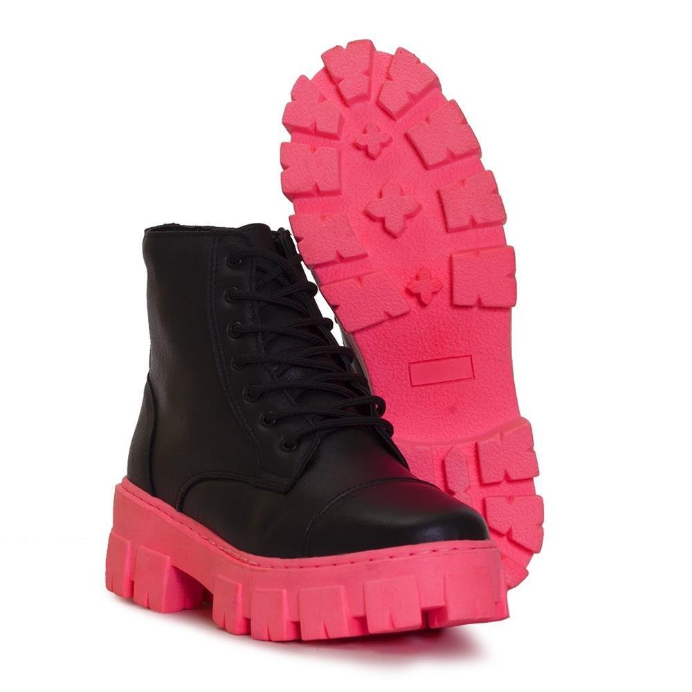 Coturno Couro Feminino Tratorado Estilo Tendência Conforto Preto/Rosa 4