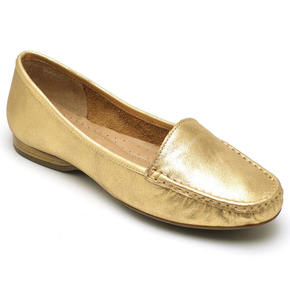 Mocassim Feminino Couro Bico Redondo Metalizado Confortável Dourado 1
