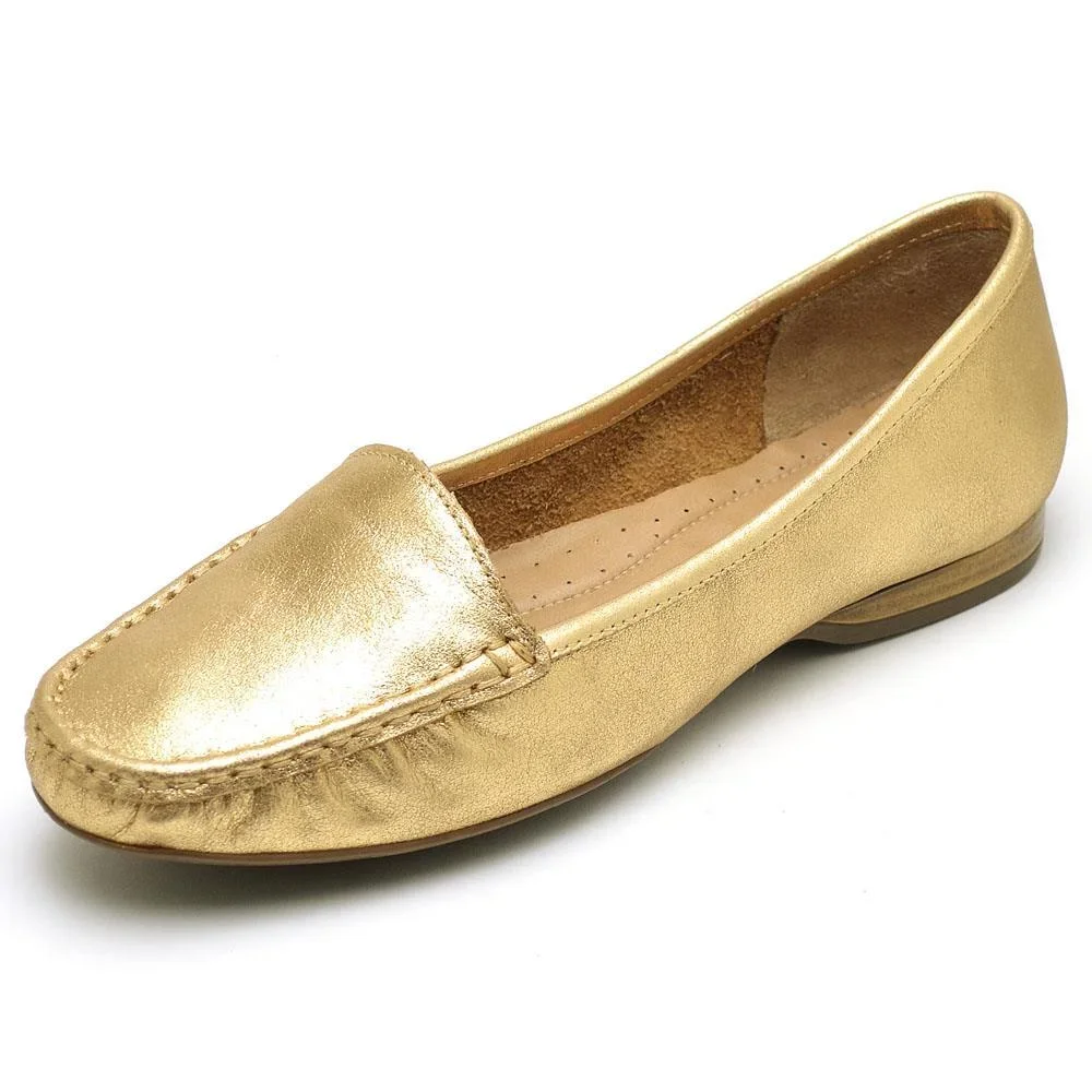 Mocassim Feminino Couro Bico Redondo Metalizado Confortável Dourado 2