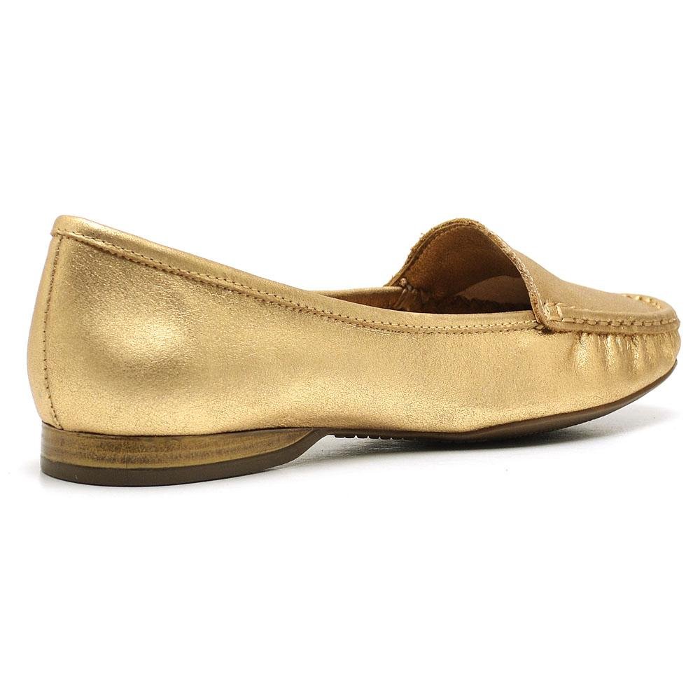 Mocassim Feminino Couro Bico Redondo Metalizado Confortável Dourado 3