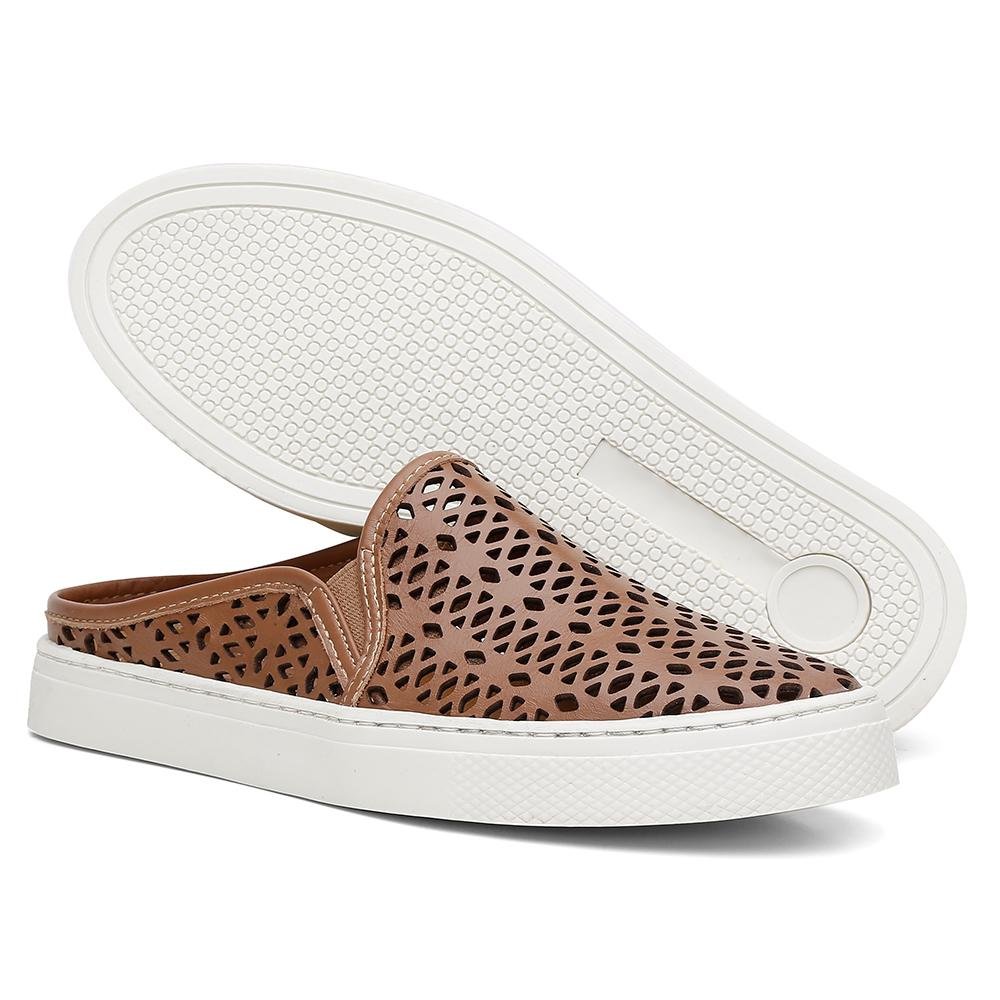 Mule Slip On Feminino Couro Recortes Respirável Leve Marrom 3