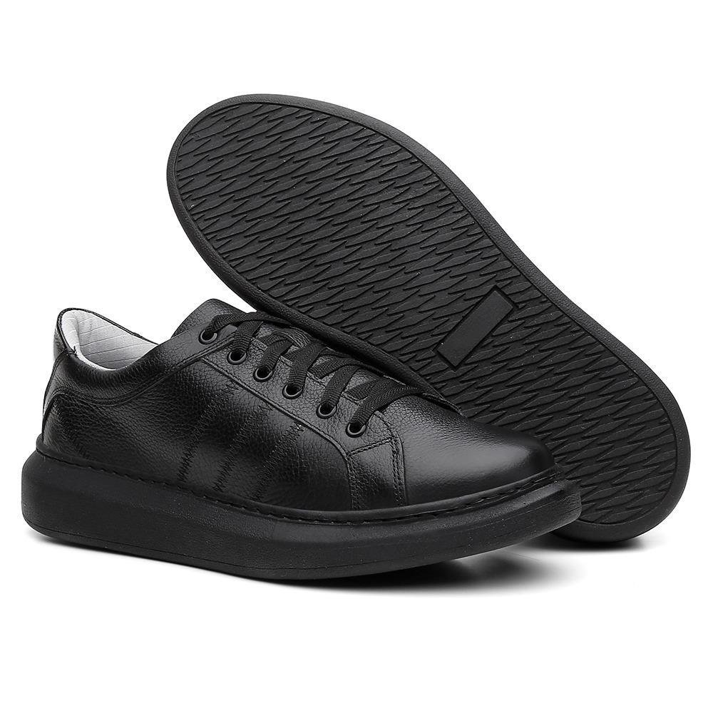 Sapatênis Masculino Couro Confortável Casual Leve Macio Preto 3