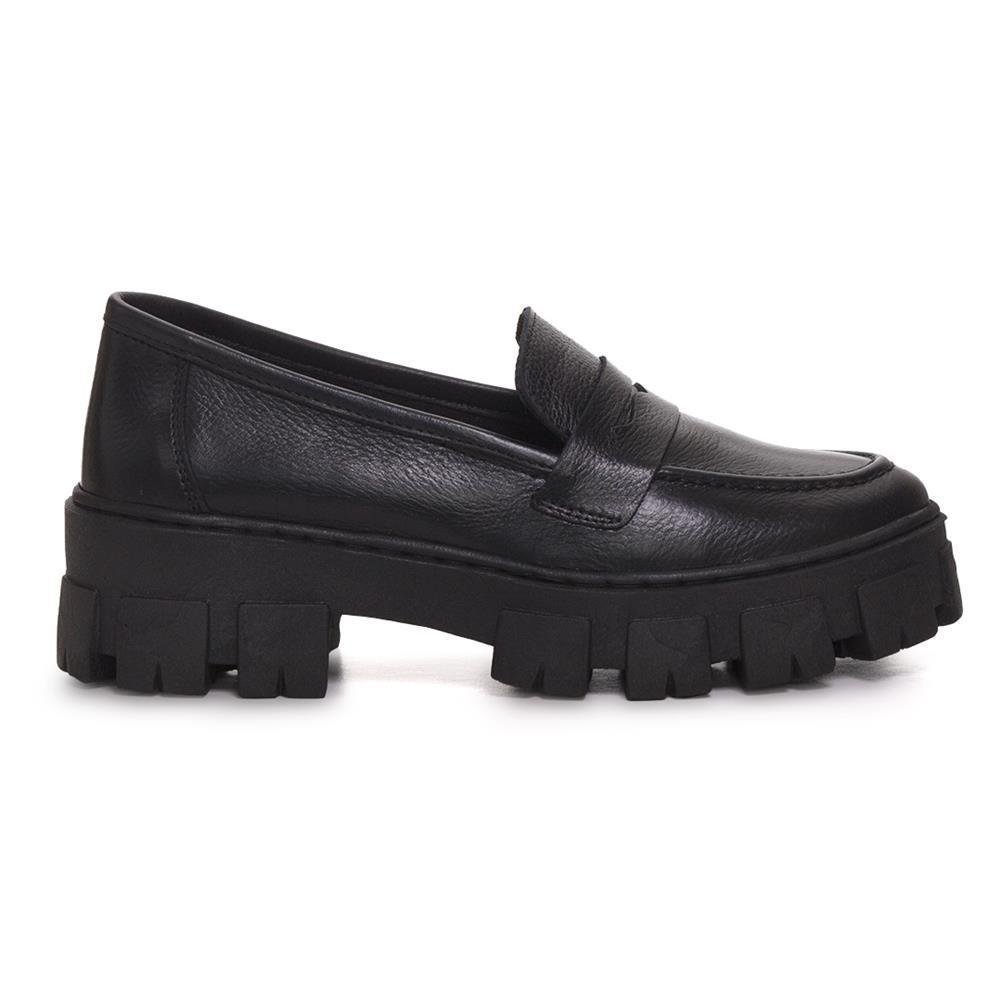 Mocassim Feminino Tratorado Couro Bico Redondo Moderno Preto 2