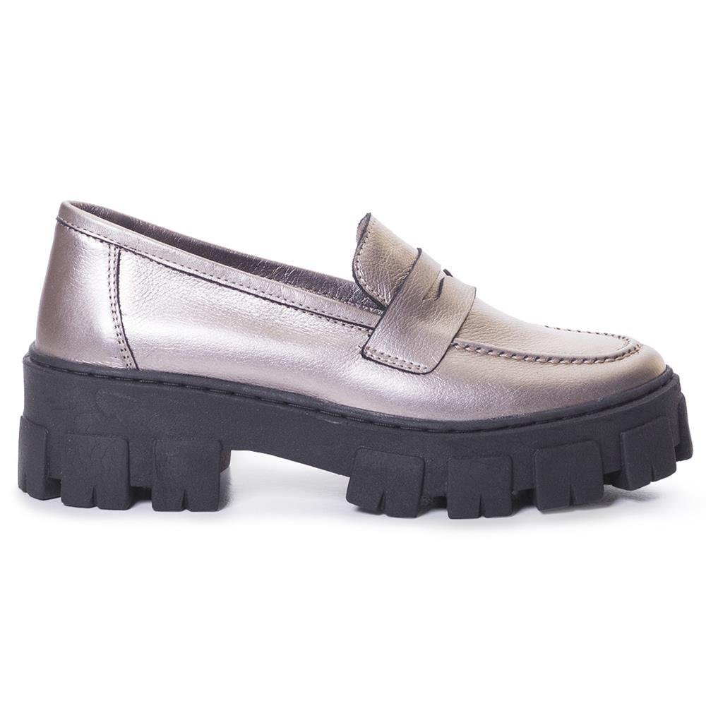 Mocassim Feminino Tratorado Couro Casual Metalizado Prata 2