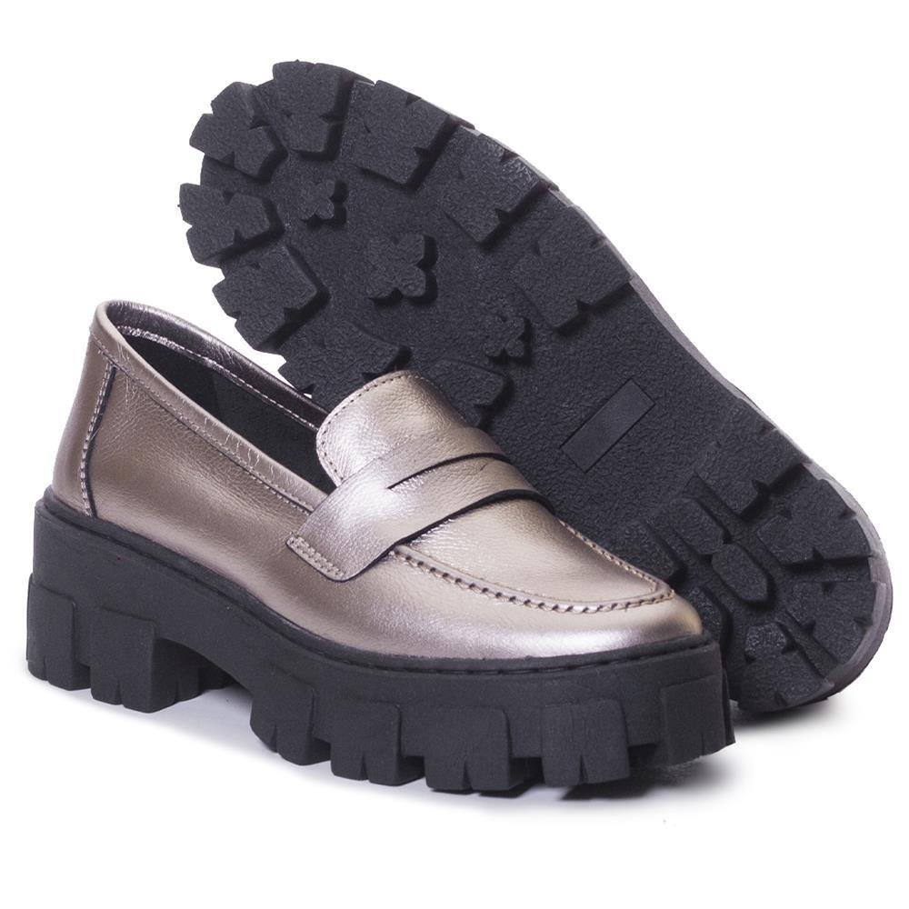 Mocassim Feminino Tratorado Couro Casual Metalizado Prata 4