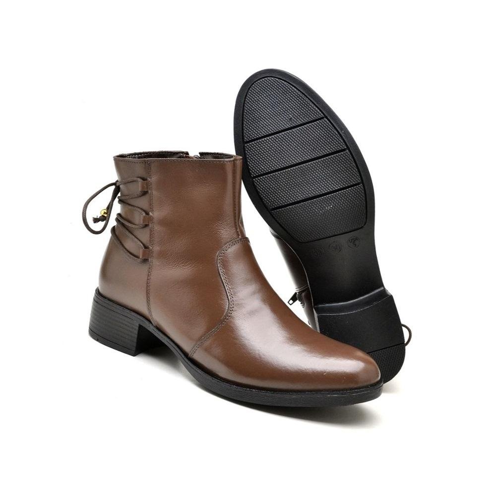 Bota Casual Feminina Couro Cano Curto Bico Redondo Moderna Marrom 4