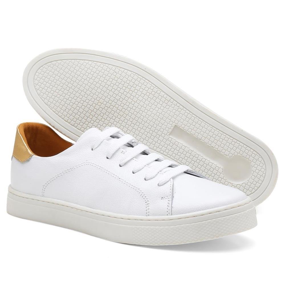 Tênis Casual Feminino Couro Detalhe Metalizado Conforto Branco 3
