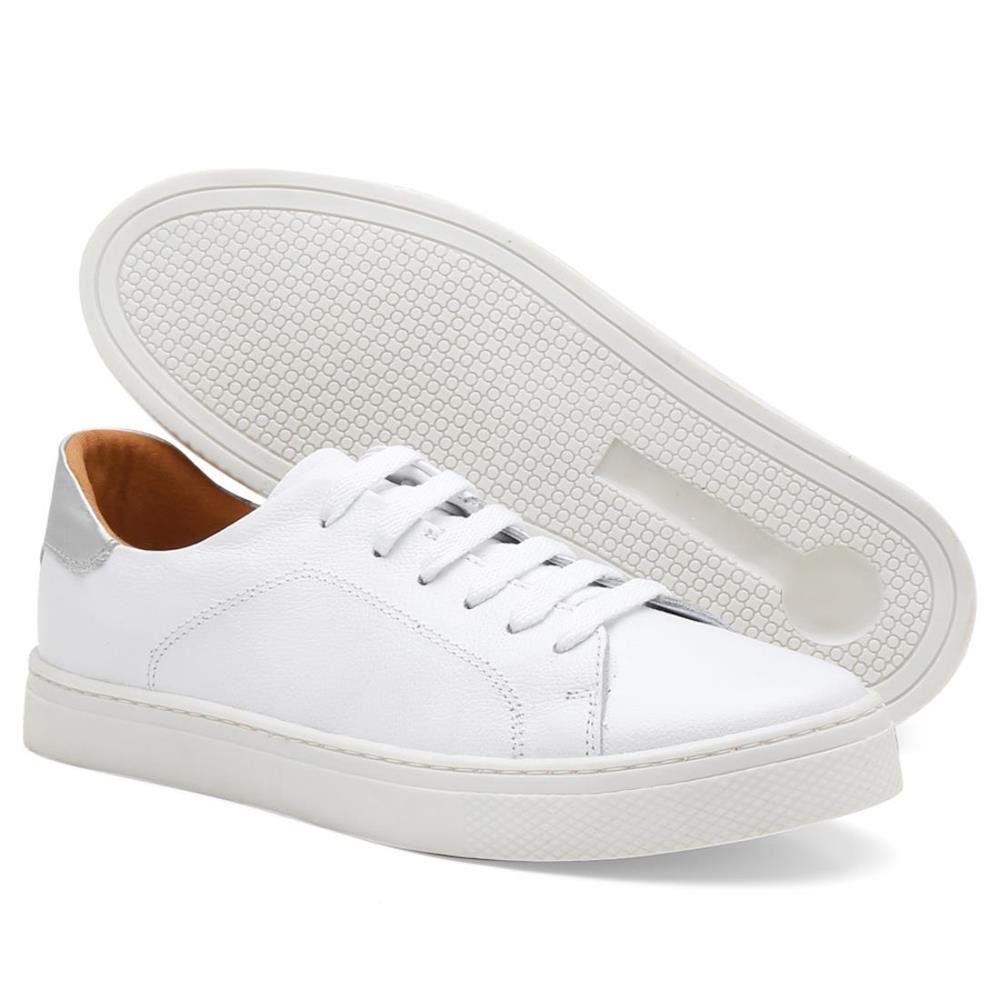 Tênis Casual Feminino Couro Detalhe Metalizado Conforto Branco 3