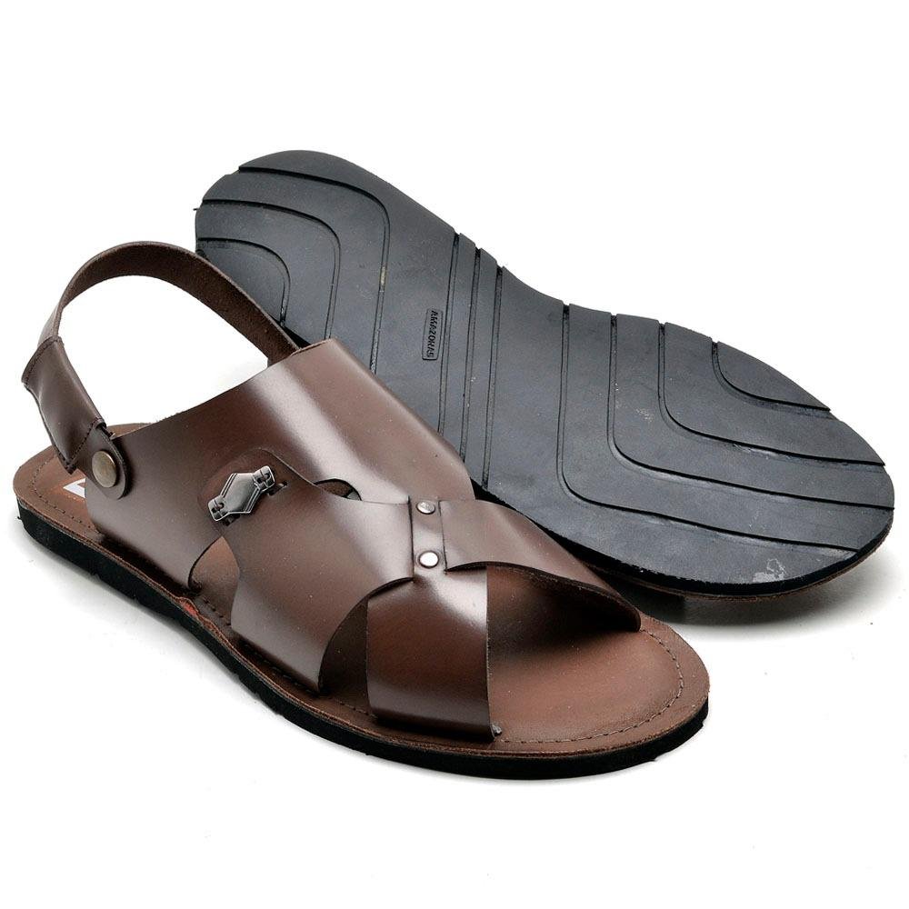 Sandália Masculina Couro Rasteira Tiras Confortável Casual Marrom 4