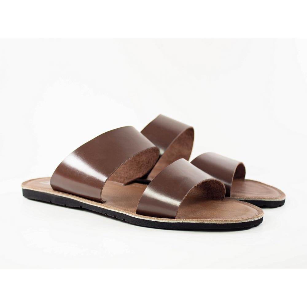 Sandália Masculina Couro Tiras Largas Rasteira Moderna Marrom 1