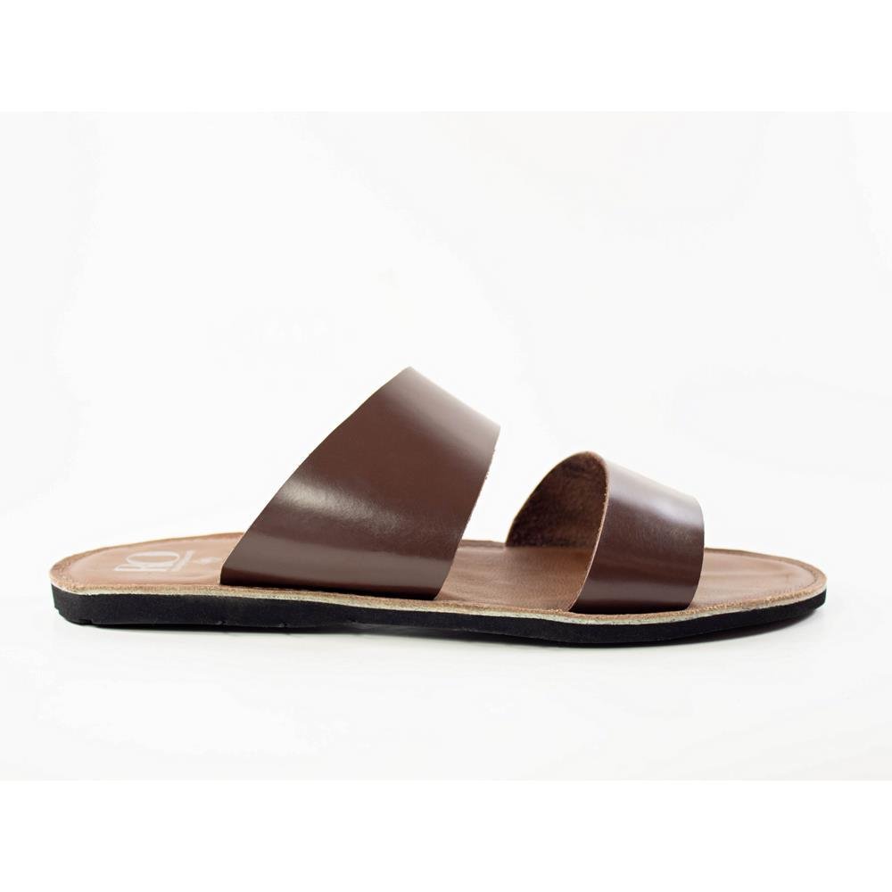 Sandália Masculina Couro Tiras Largas Rasteira Moderna Marrom 2