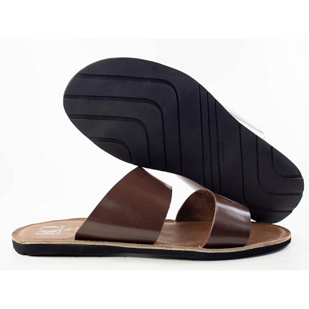Sandália Masculina Couro Tiras Largas Rasteira Moderna Marrom 4