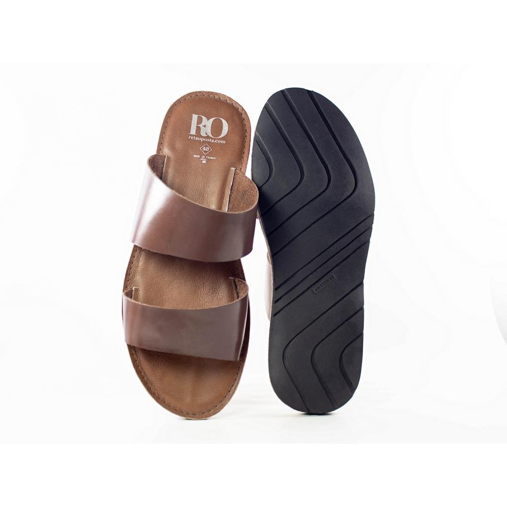 Sandália Masculina Couro Tiras Largas Rasteira Moderna Marrom 5
