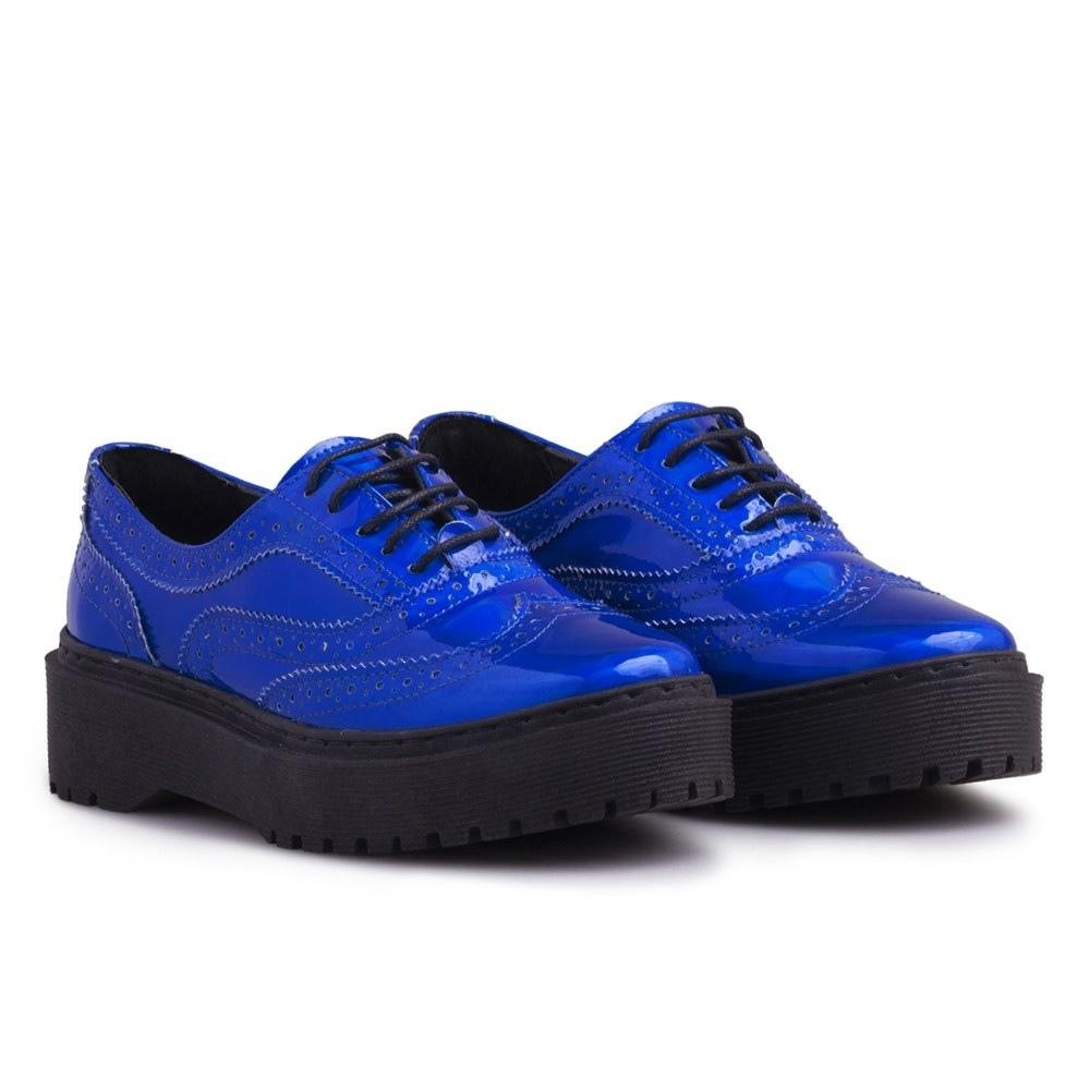 Sapato Oxford Feminino Metalizado Brogue Cadarço Casual Azul 1