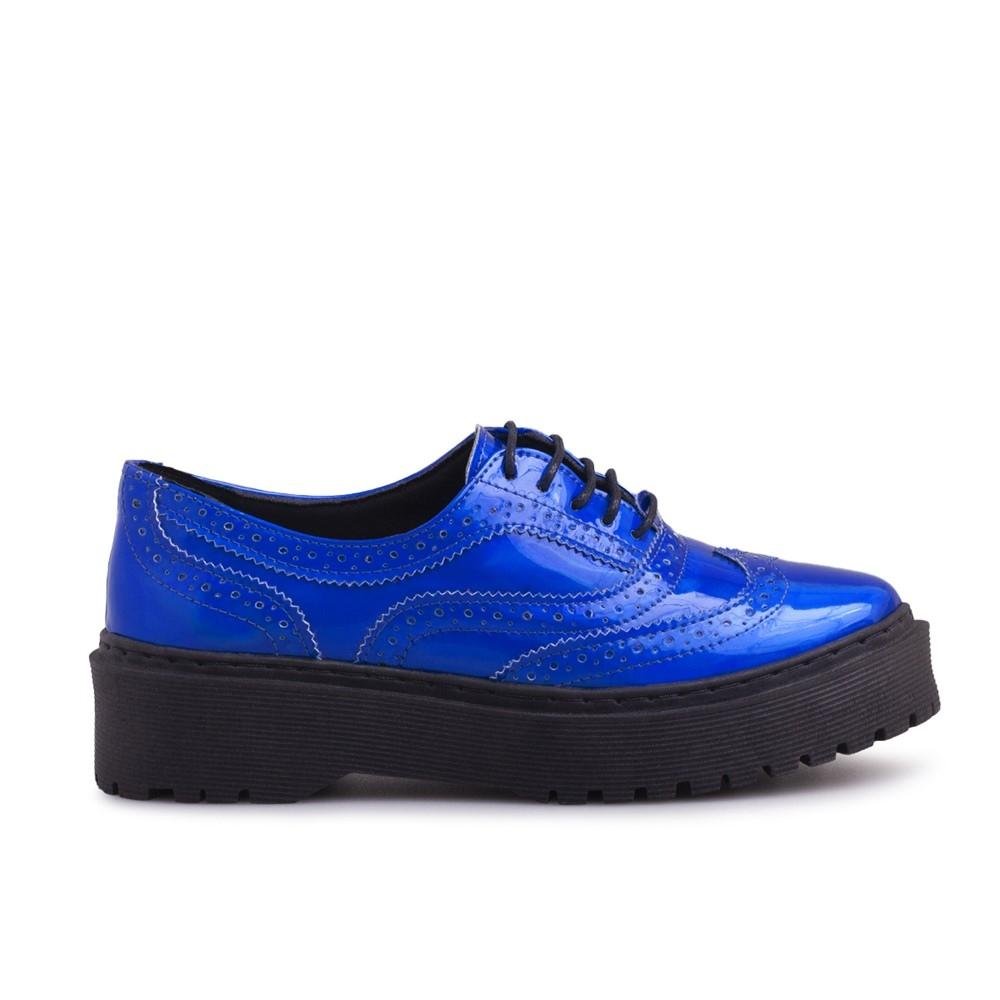 Sapato Oxford Feminino Metalizado Brogue Cadarço Casual Azul 2