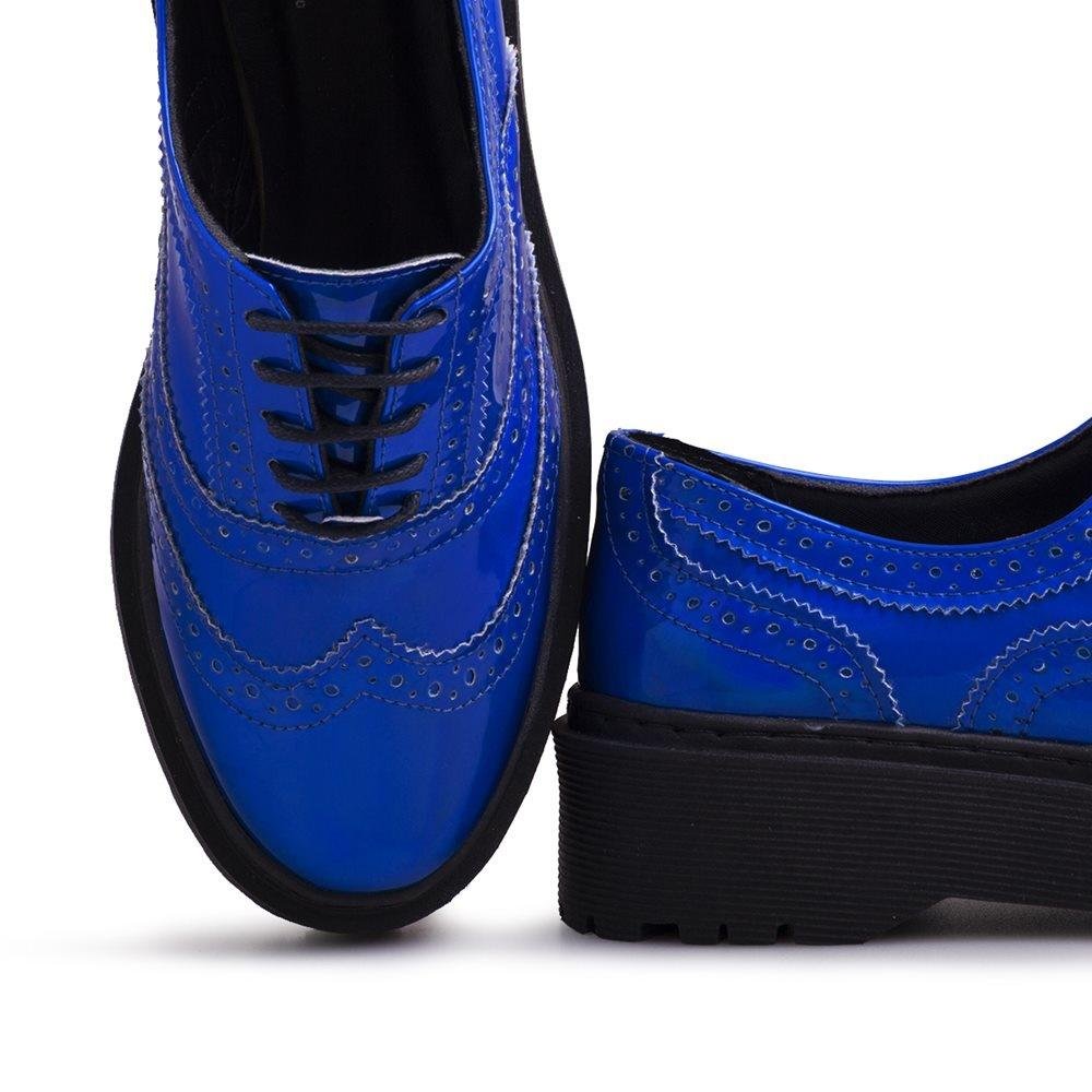 Sapato Oxford Feminino Metalizado Brogue Cadarço Casual Azul 3