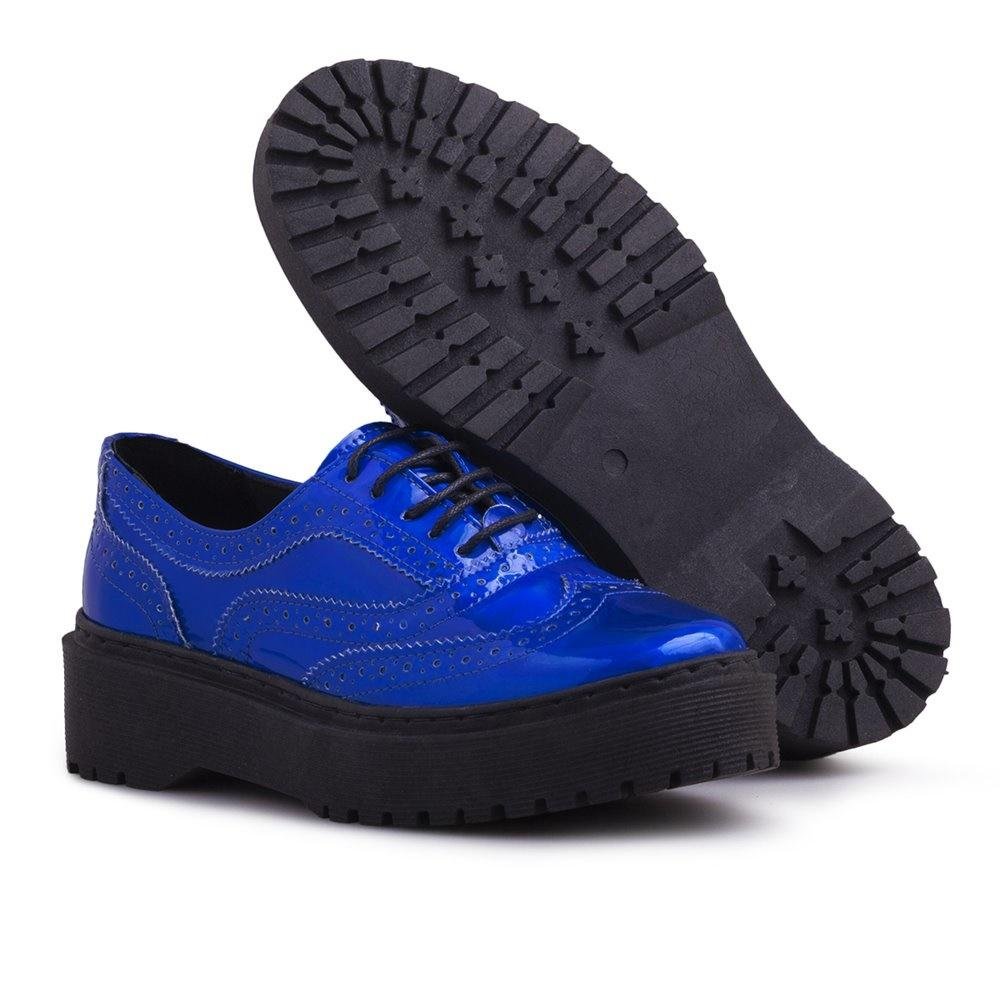 Sapato Oxford Feminino Metalizado Brogue Cadarço Casual Azul 4