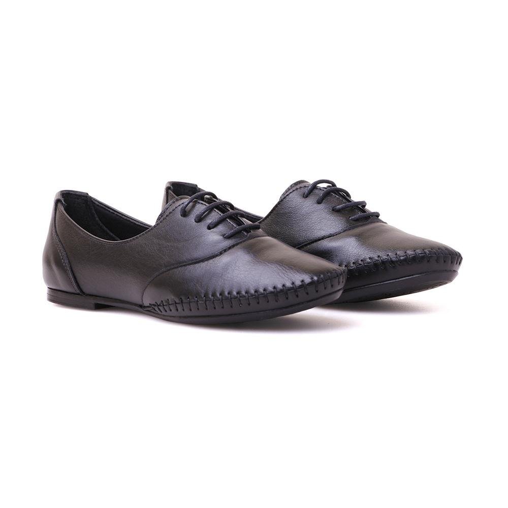 Sapato Social Feminino Oxford Couro Costura Cadarço Casual Preto 1