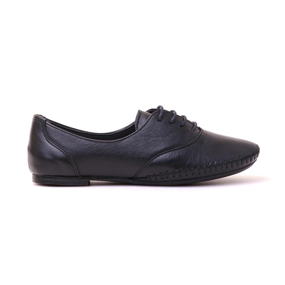 Sapato Social Feminino Oxford Couro Costura Cadarço Casual Preto 2
