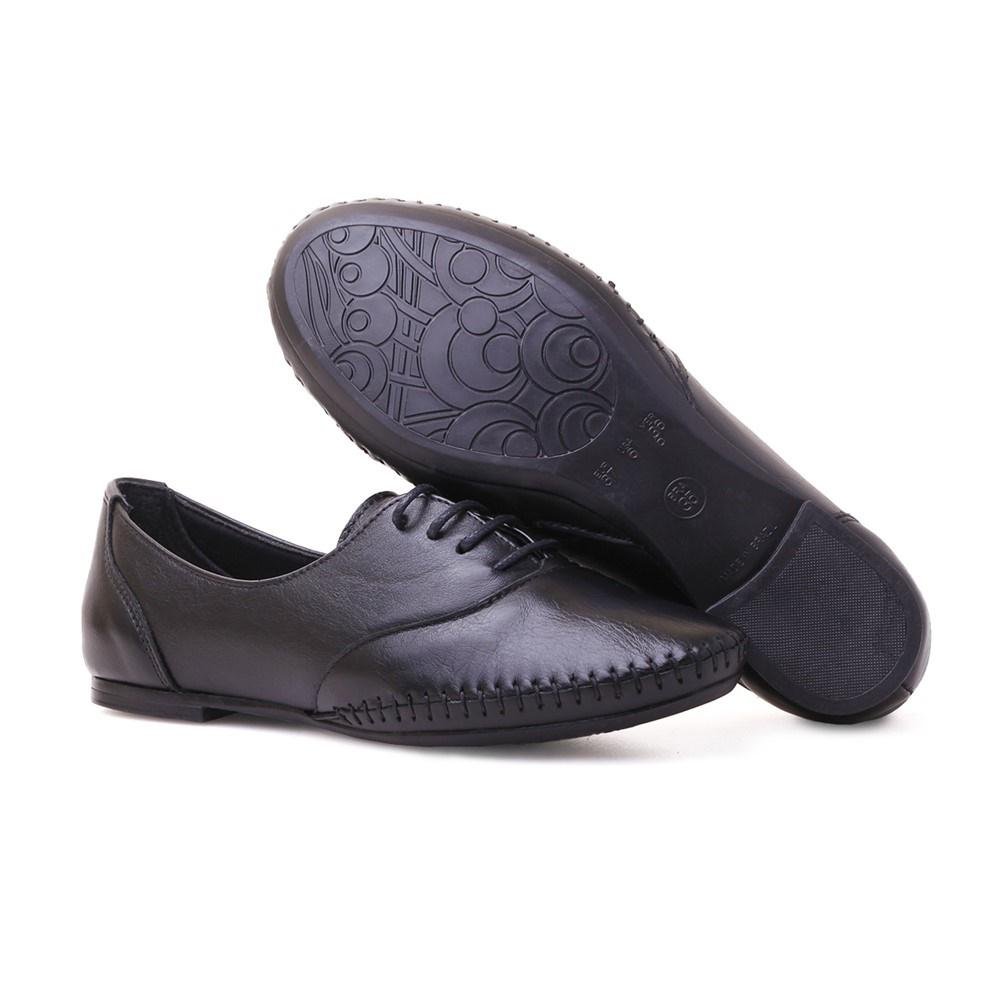 Sapato Social Feminino Oxford Couro Costura Cadarço Casual Preto 4
