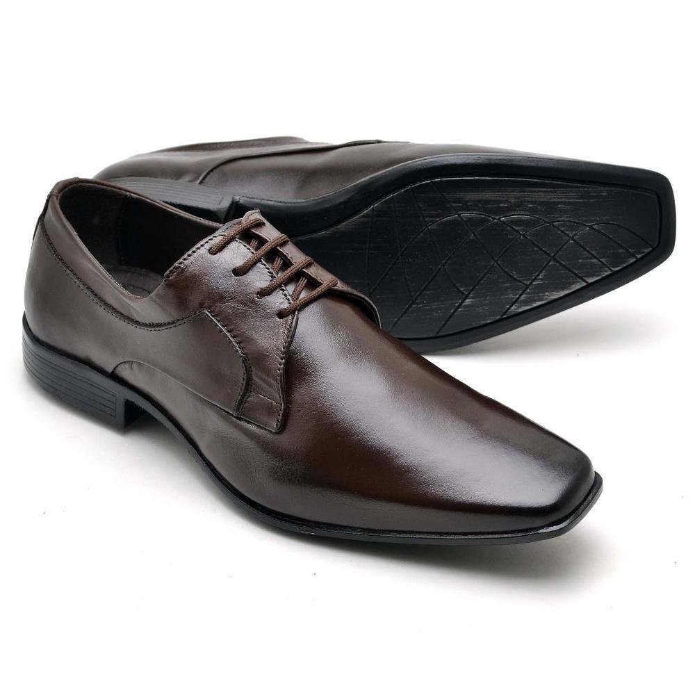 Sapato Social Masculino Couro Cadarço Bico Quadrado Casual Marrom 2