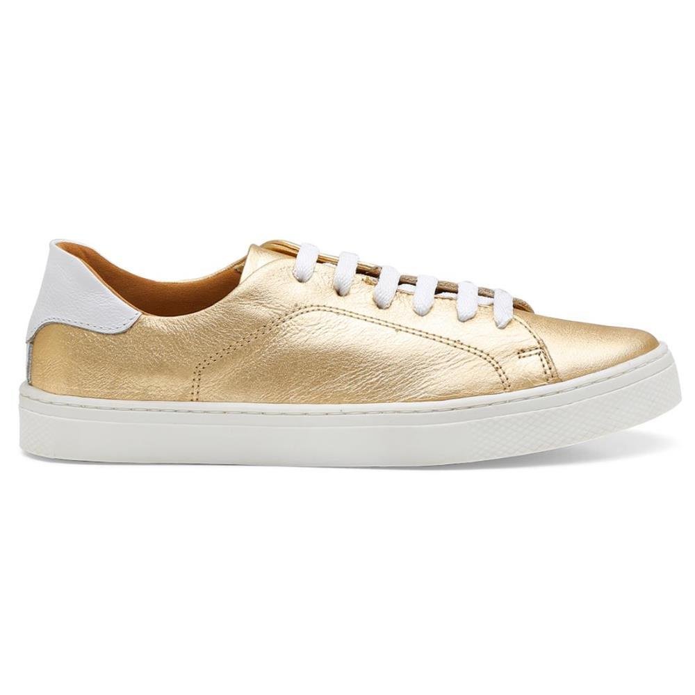 Tênis Casual Feminino Couro Metalizado Cadarço Conforto Dourado 2