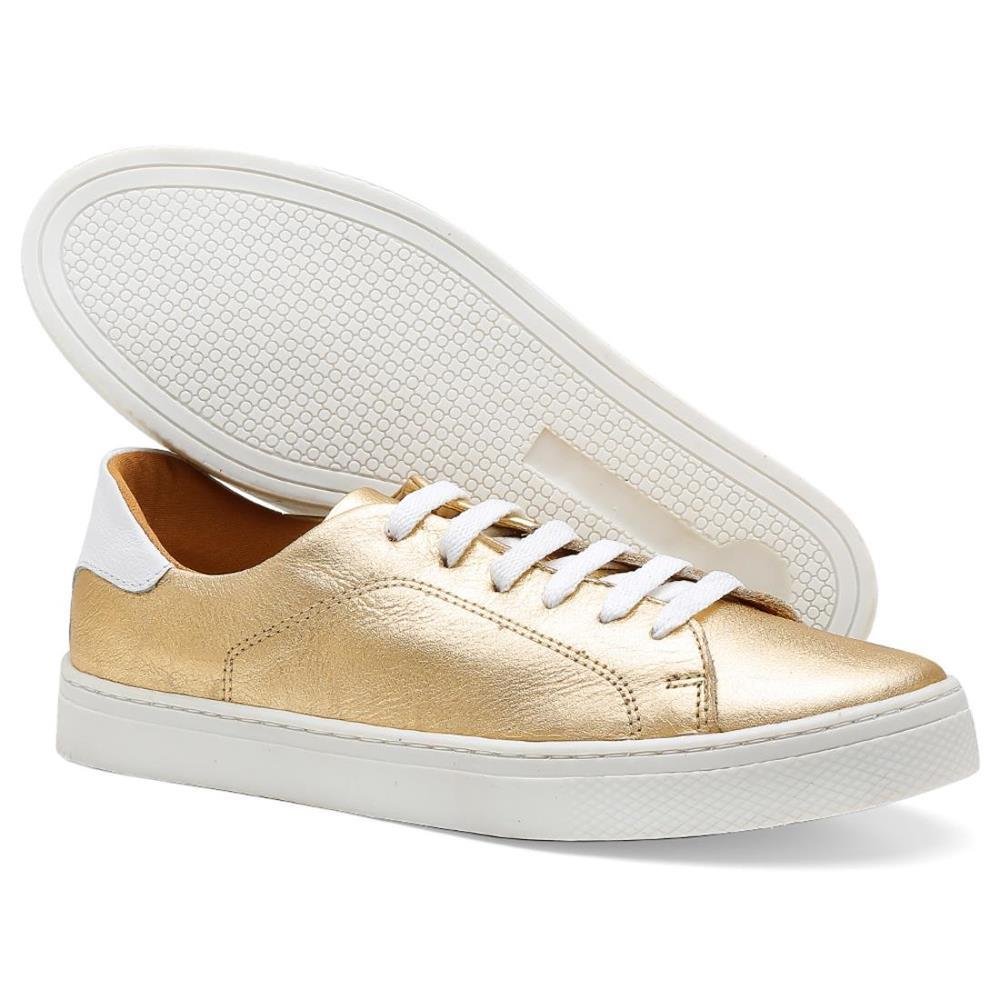 Tênis Casual Feminino Couro Metalizado Cadarço Conforto Dourado 3