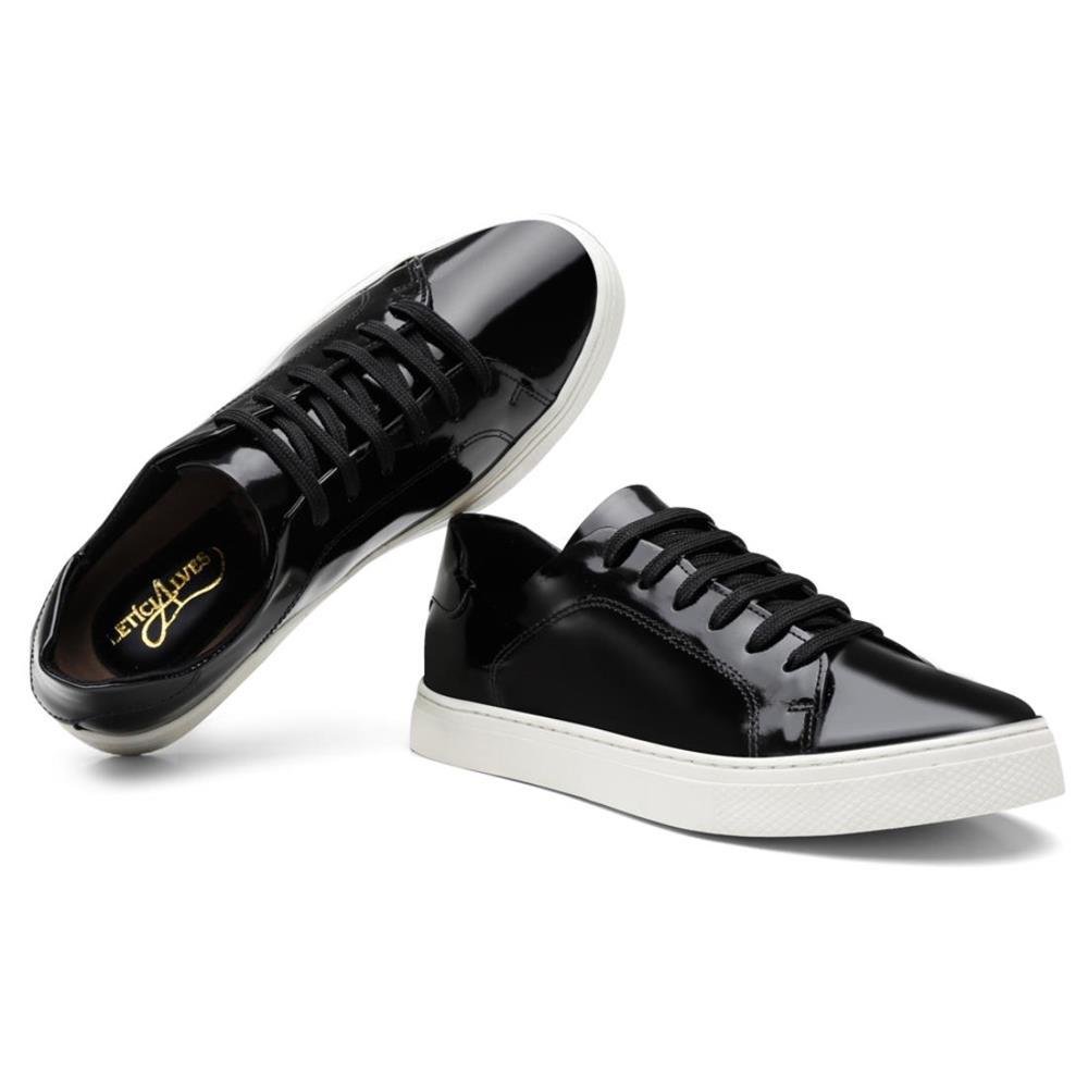 Tênis Casual Feminino Couro Verniz Cadarço Conforto Macio Preto