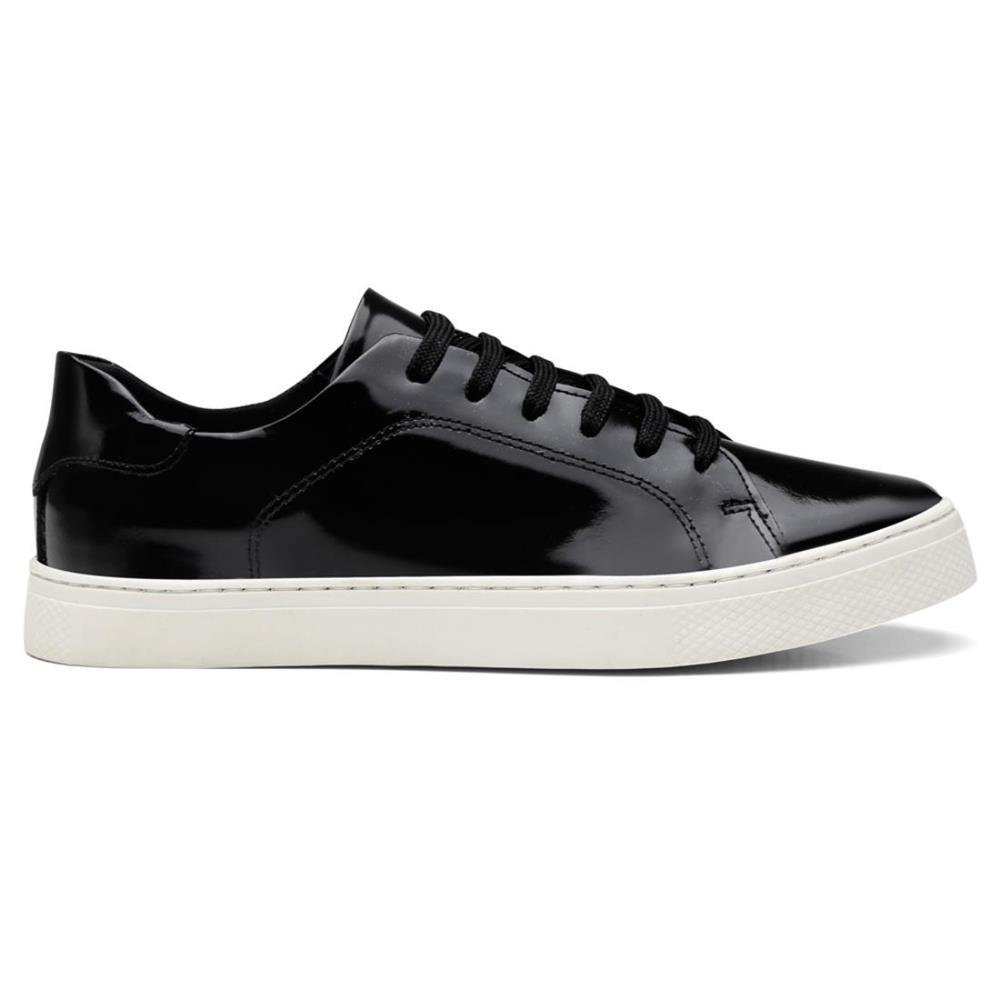 Tênis Casual Feminino Couro Verniz Cadarço Conforto Macio Preto 2