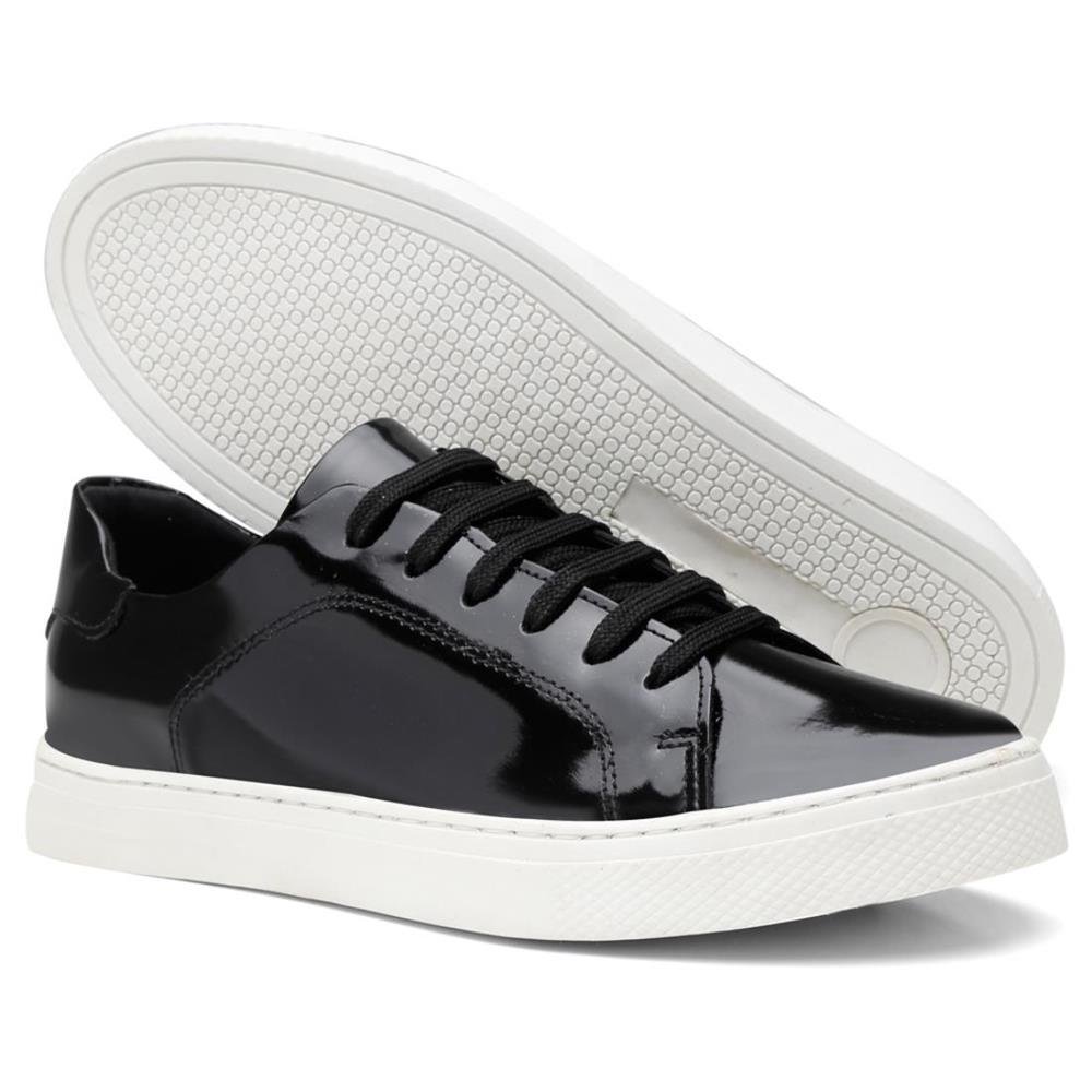Tênis Casual Feminino Couro Verniz Cadarço Conforto Macio Preto 3