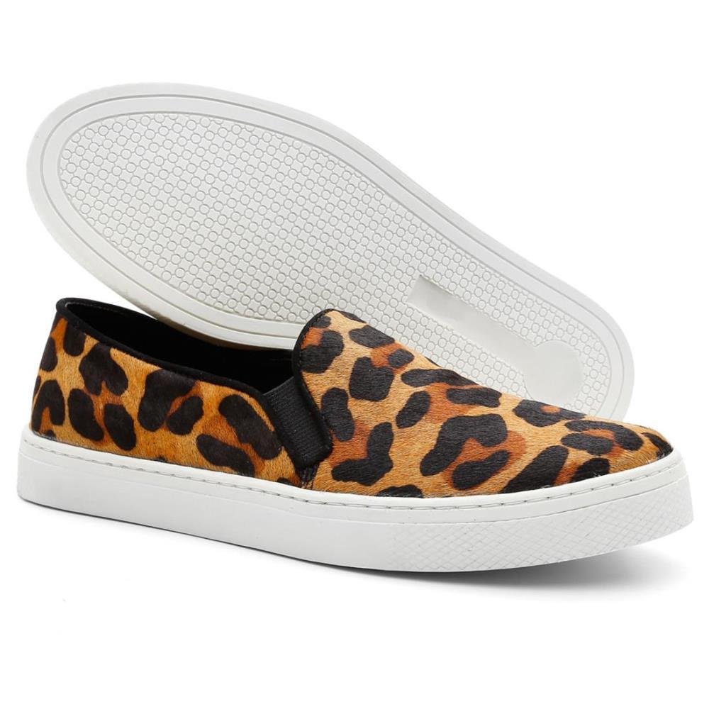 Tênis Slip On Feminino Couro Estampa Animal Print Conforto Preto 3