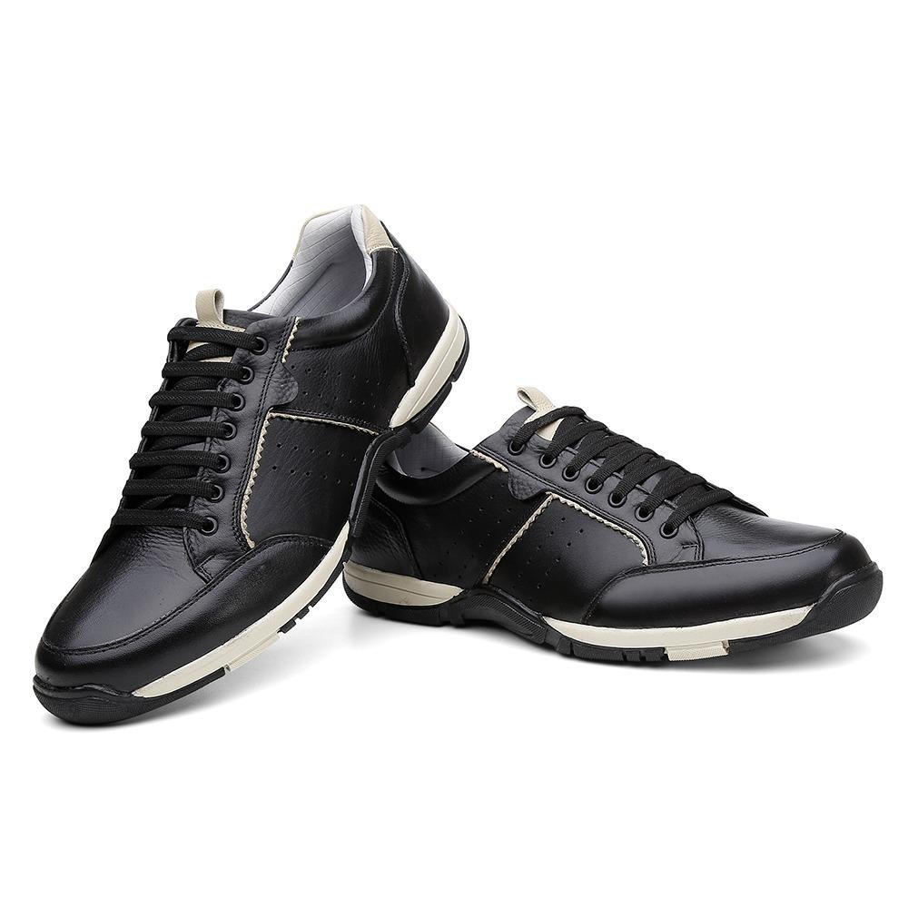 Sapatênis Masculino Couro Cadarço Conforto Casual Dia a Dia Preto 2
